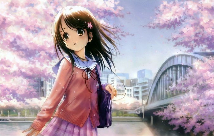 Anime girl with pink cardigan and school uniform