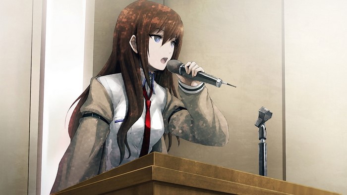 Makise Kurisu from Steins;Gate at a podium