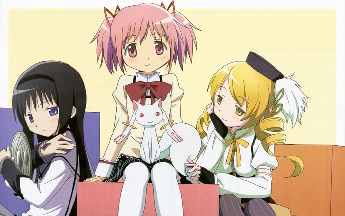 Madoka Magica: Madoka, Homura, and Mami with Kyubey