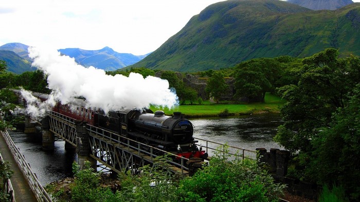 Steam Locomotive Crossing Bridge in Scottish Highlands