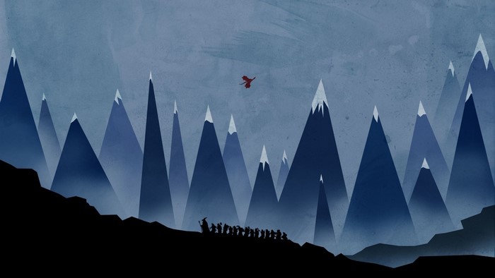 The Hobbit: Smaug flying over mountains with Gandalf and fellowship
