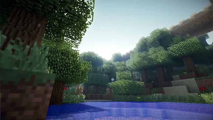 Minecraft forest with a river and bridge