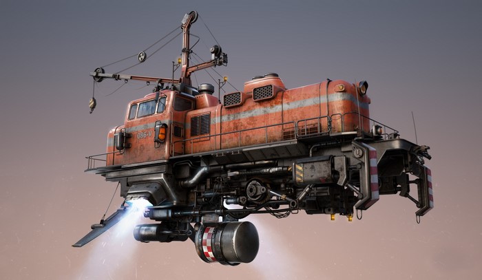 Futuristic flying diesel locomotive with crane