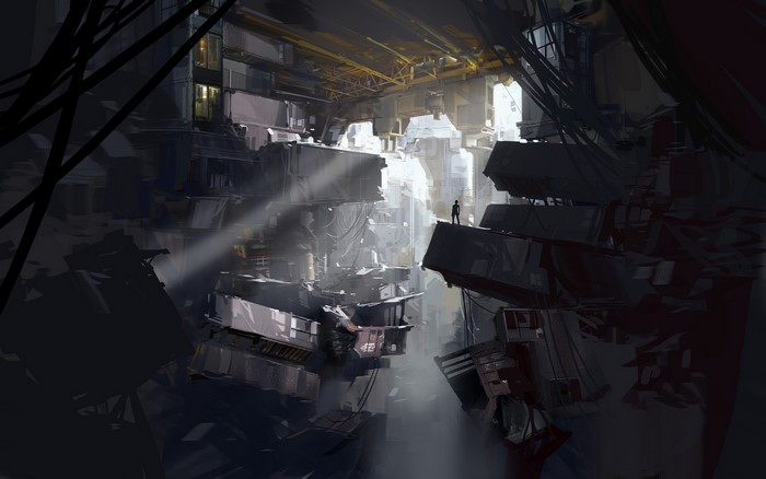 Artwork of a futuristic industrial complex from Portal 2
