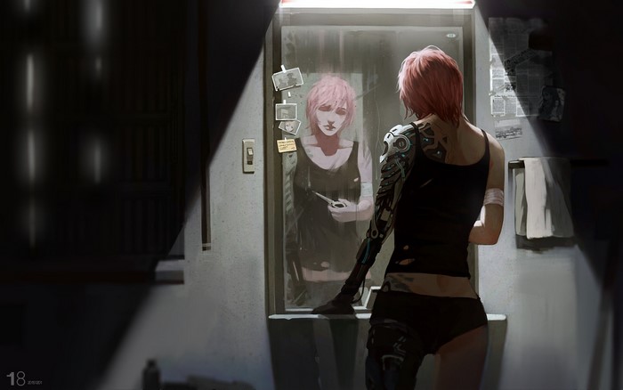 Woman with robotic arm looking in mirror
