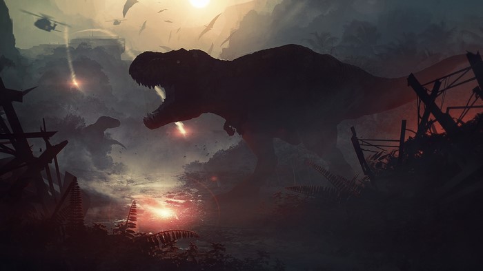 Dinosaurs and helicopters in a post-apocalyptic jungle