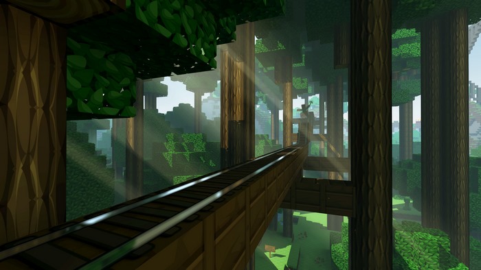 Minecraft railway through a forest with sun rays