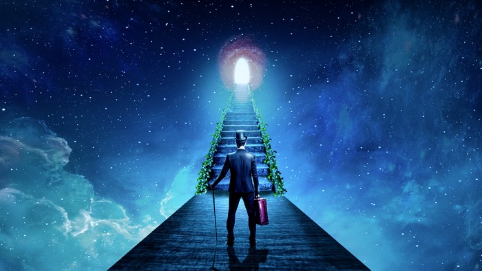 Man in Top Hat and Suit Ascends Stairs to Cosmic Portal