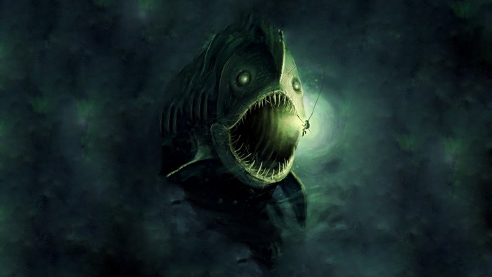 Anglerfish with a diver in the deep sea