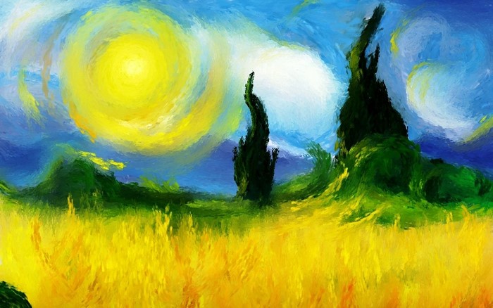 Impressionist landscape with cypress trees and wheat field