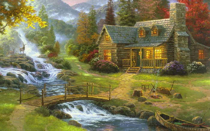 Thomas Kinkade cabin by waterfall with deer and canoe