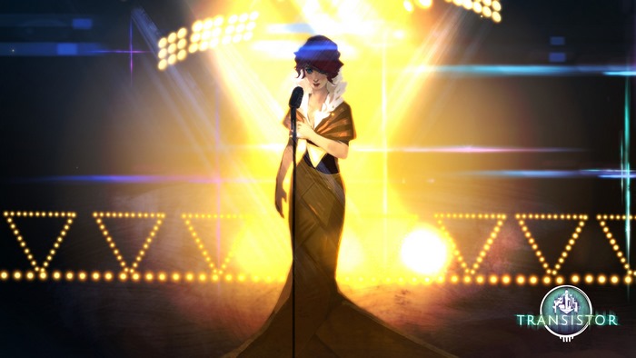 Red from Transistor singing on stage