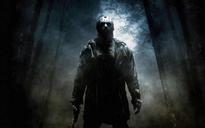 Jason Voorhees in a dark forest