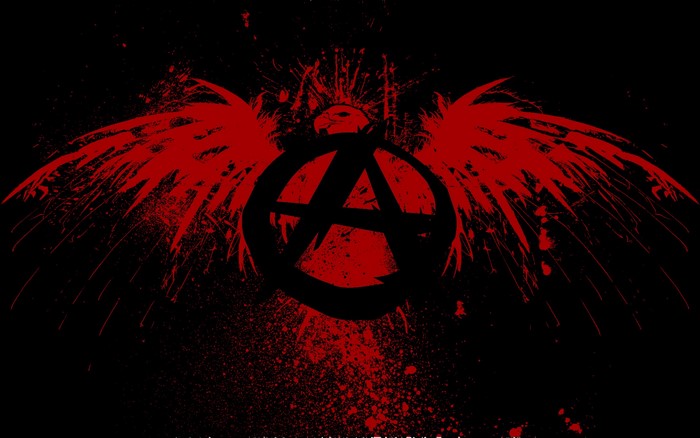Anarchy symbol with red wings and paint splatter