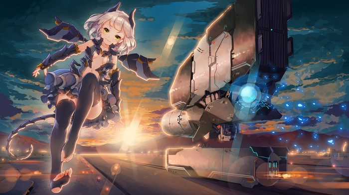 Anime girl with silver hair and yellow eyes near a large machine