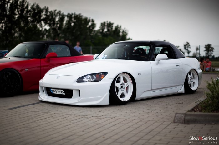 White Honda S2000 with black convertible top