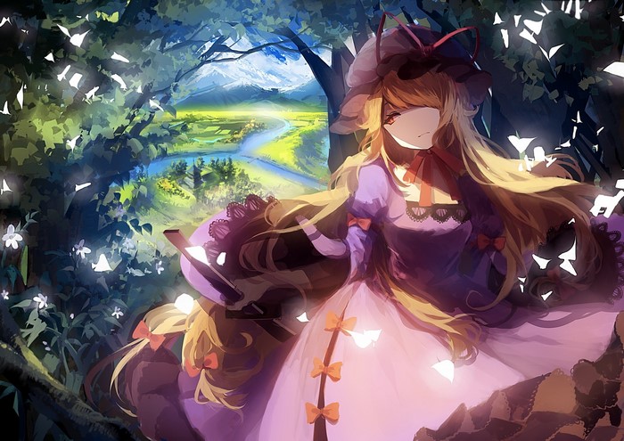 Yakumo Yukari from Touhou in a forest landscape