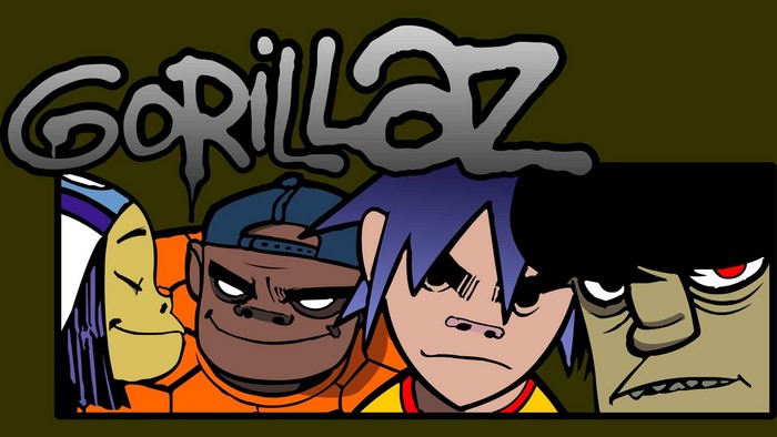 Gorillaz characters 2D, Murdoc Niccals, Russel Hobbs, and Noodle