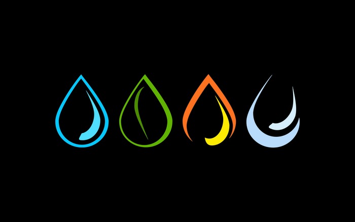Four elemental symbols in water drop shapes