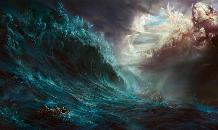 Mythological wave with divine figures and a boat