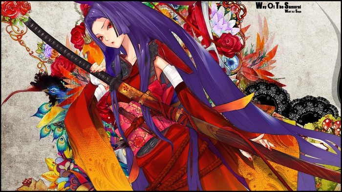 Anime girl with purple hair and katana