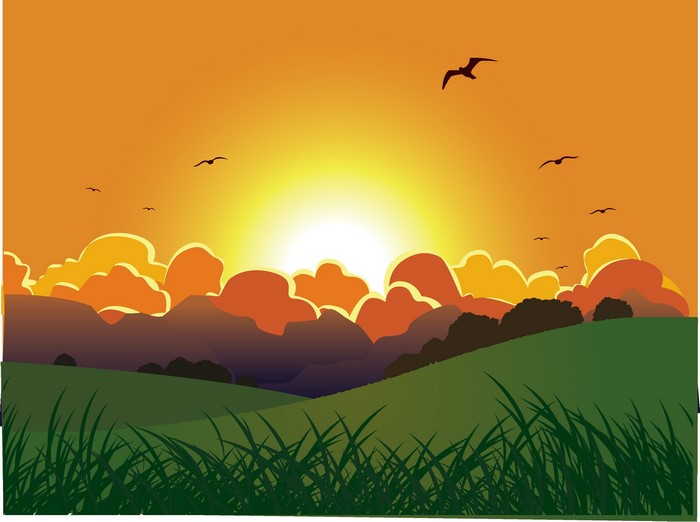 Sunset over rolling hills with birds flying