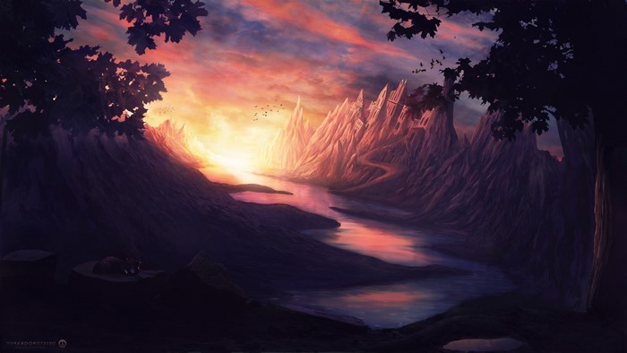 Fantasy castle on a mountain by a river at sunset