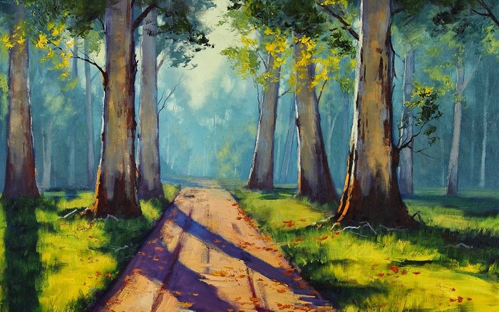 Painting of a forest path with sunlight filtering through trees