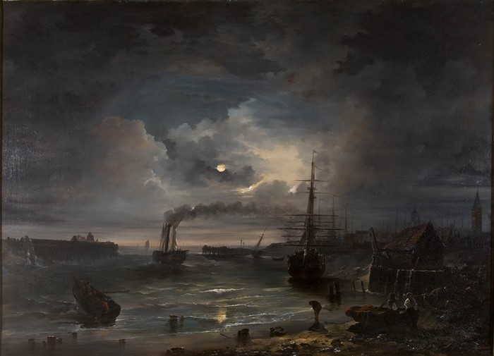 Moonlit Harbor with Ships and Steamboat