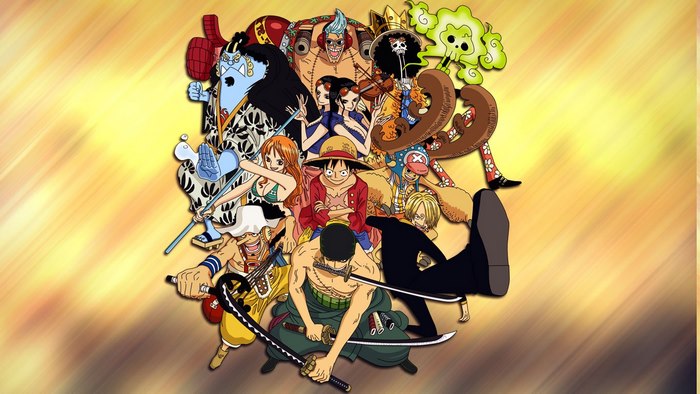One Piece characters: Luffy, Zoro, Nami, Usopp, Sanji, Chopper, Robin, Franky, Brook, and Jinbe