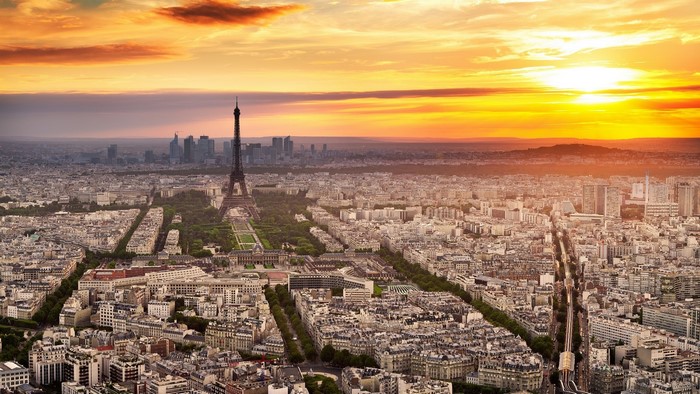 Paris cityscape with Eiffel Tower at sunset