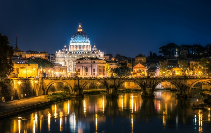 St. Peter's Basilica and Ponte Sant'Angelo at night, Rome
