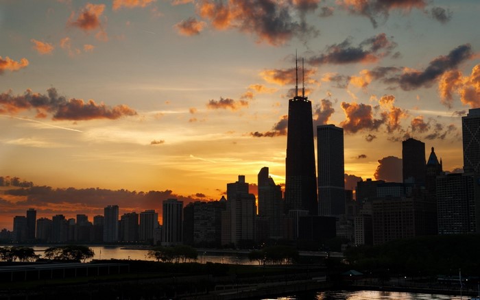 Chicago skyline at sunset