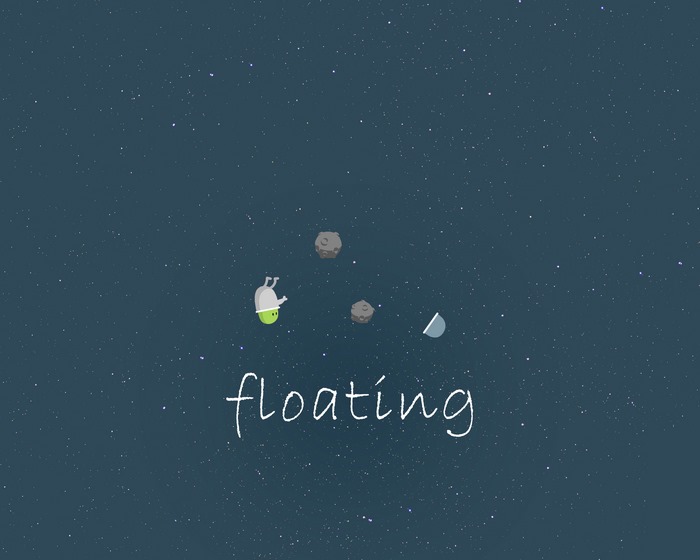 Astronaut floating in space with asteroids and text