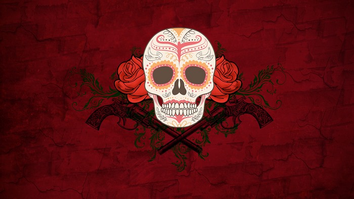 Sugar skull with roses and pistols on red background