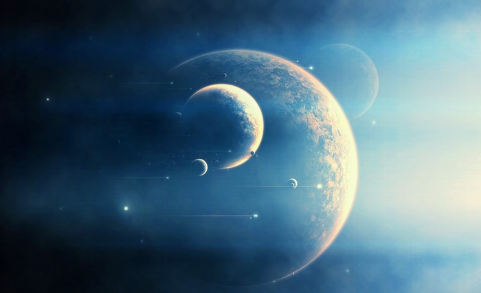 Planets and moons in a nebula with streaks of light
