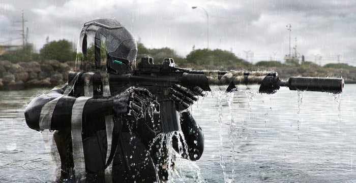 Futuristic soldier with a gun in the rain