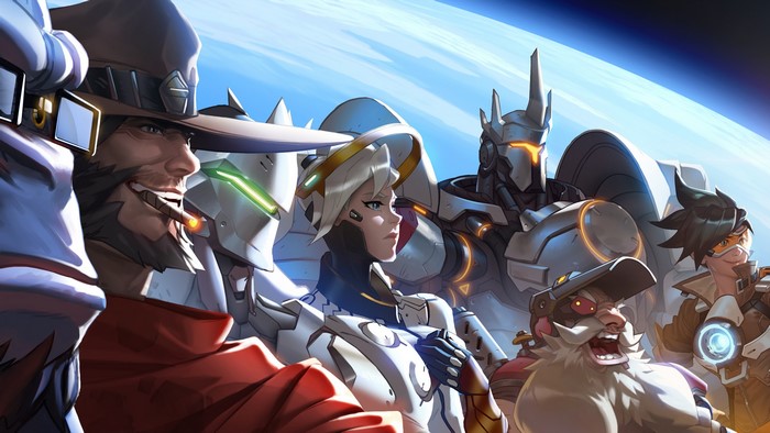 Overwatch characters including McCree, Mercy, Reinhardt, Torbjörn, Tracer, and Genji