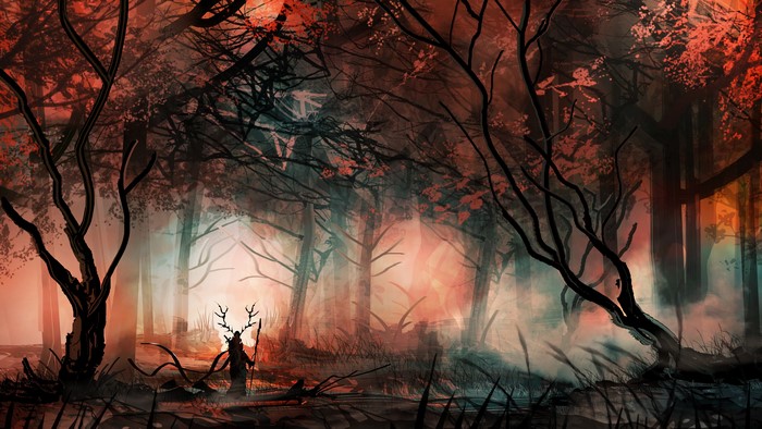 Fantasy art of a figure with antlers in a misty forest