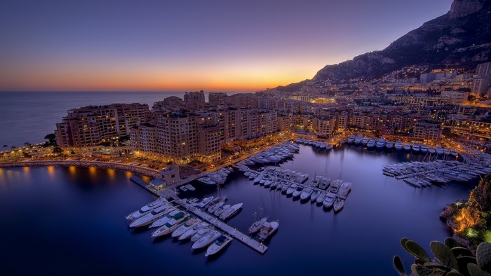 Monaco Harbor at Sunset with City Lights and Yachts