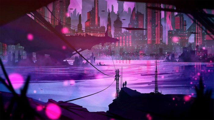 Futuristic Cyberpunk Cityscape with Pink and Purple Hues