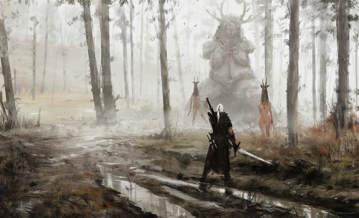 Geralt of Rivia from The Witcher in a foggy forest with a giant statue and figures