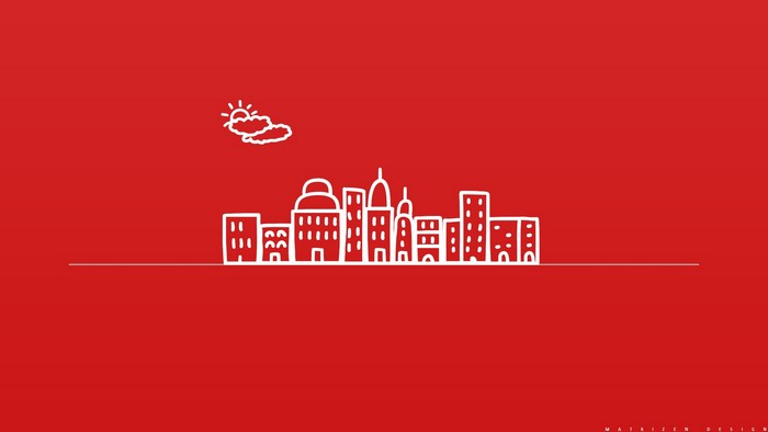 Minimalist white cityscape on red background