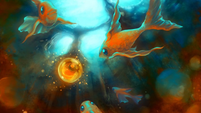 Artwork of goldfish swimming underwater with bubbles