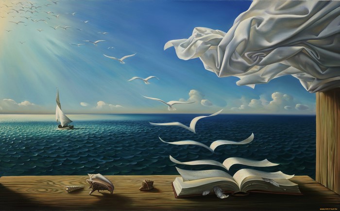 Surreal seascape with a sailboat, birds, and an open book