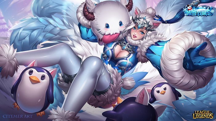 Ahri from League of Legends with Poro and penguins