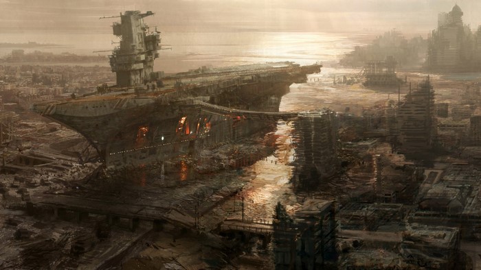 Apocalyptic city with aircraft carrier