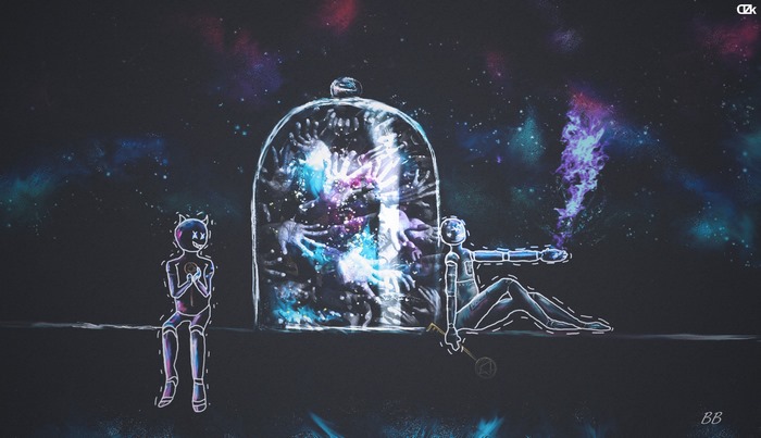 Cosmic scene with figures and hands in a jar