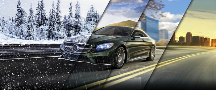 Collage of a Mercedes-Benz S-Class Coupe in different weather conditions