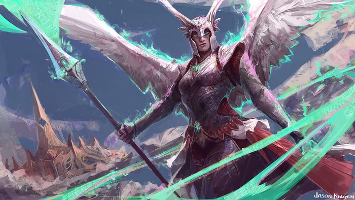 Fantasy warrior angel with wings and spear